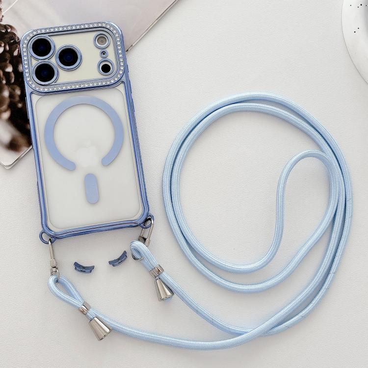 For iPhone 16 Plus Rhinestone Clear Acrylic Electroplated Magnetic Phone Case with Neck Lanyard
