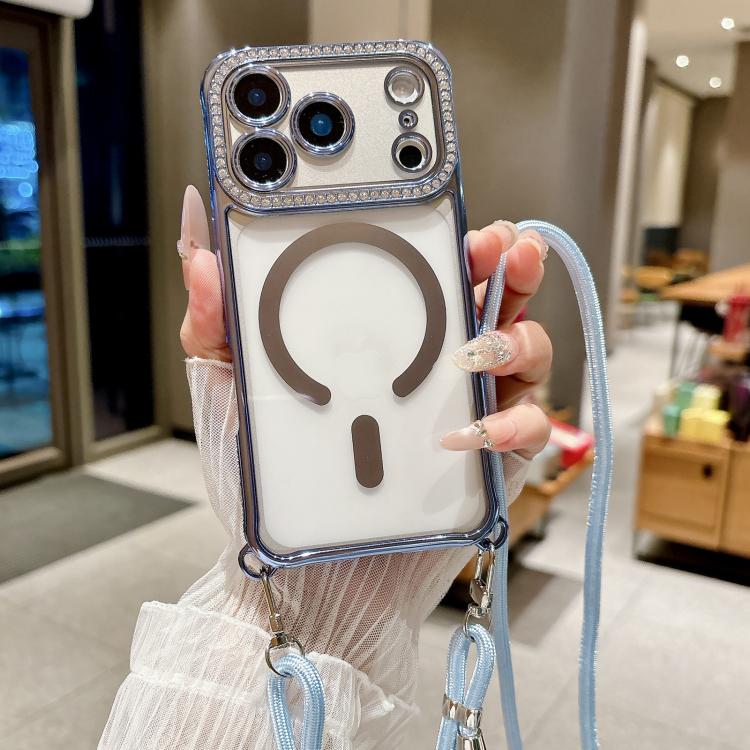 For iPhone 16 Plus Rhinestone Clear Acrylic Electroplated Magnetic Phone Case with Neck Lanyard