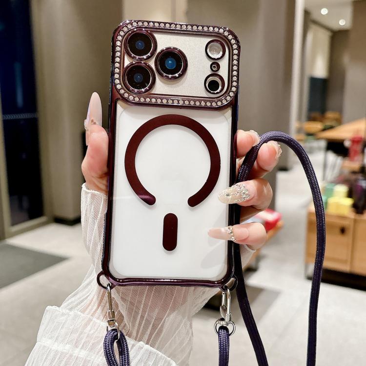 For iPhone 16 Plus Rhinestone Clear Acrylic Electroplated Magnetic Phone Case with Neck Lanyard