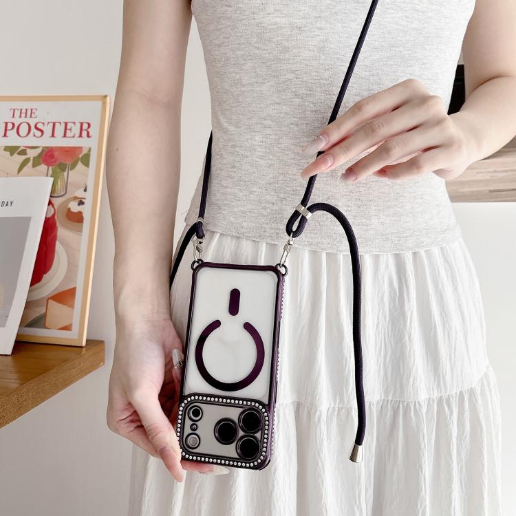 For iPhone 16 Plus Rhinestone Clear Acrylic Electroplated Magnetic Phone Case with Neck Lanyard