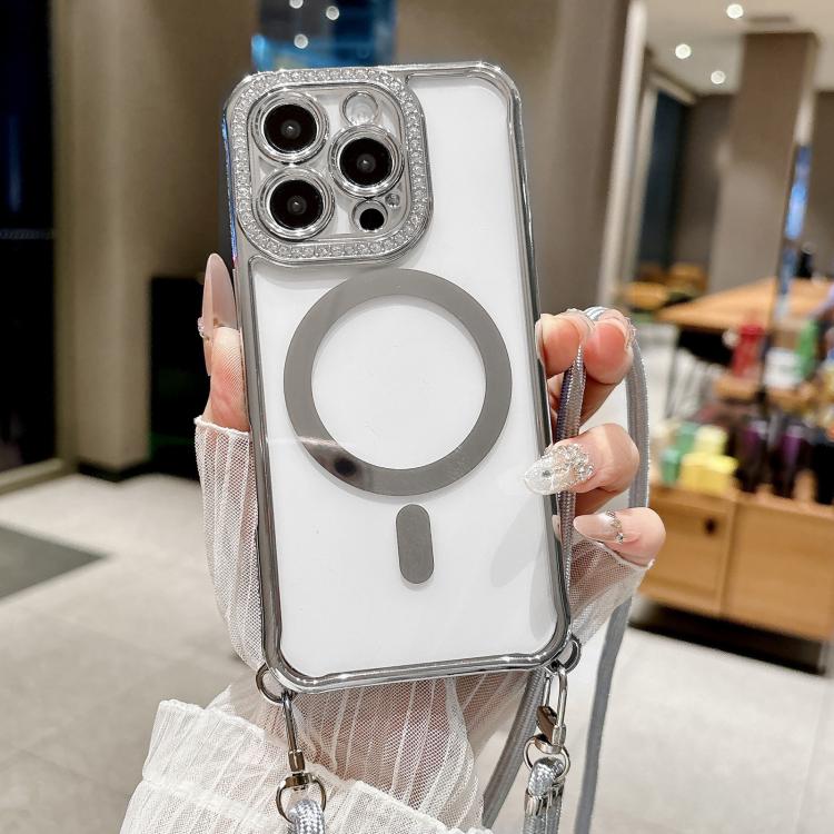 For iPhone 15 Pro Max Rhinestone Clear Acrylic Electroplated Magnetic Phone Case with Neck Lanyard