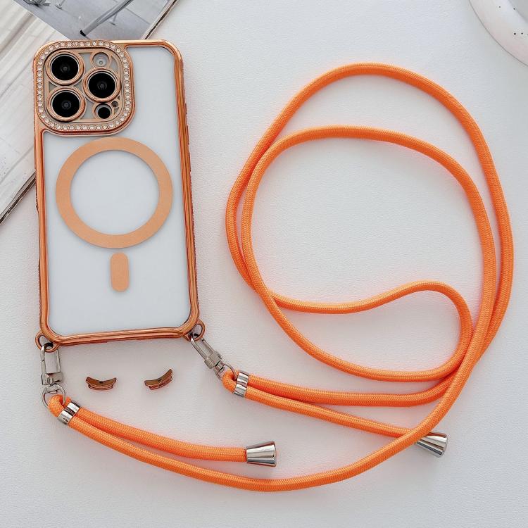 For iPhone 15 Pro Max Rhinestone Clear Acrylic Electroplated Magnetic Phone Case with Neck Lanyard