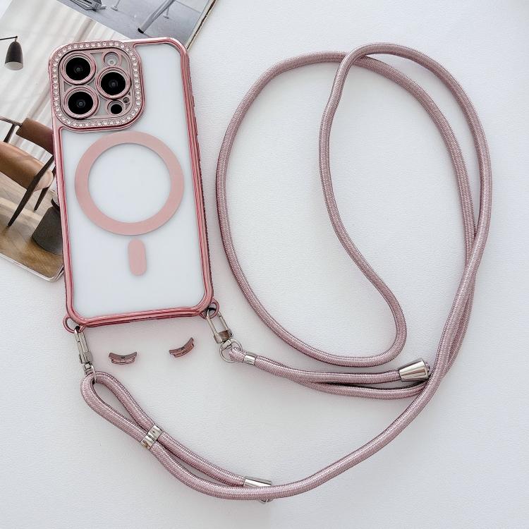 For iPhone 15 Pro Rhinestone Clear Acrylic Electroplated Magnetic Phone Case with Neck Lanyard