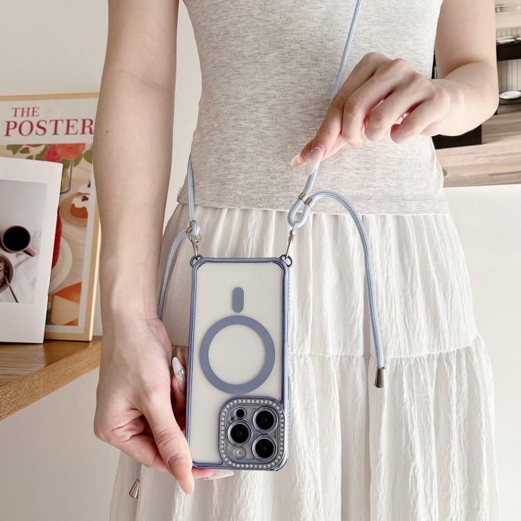 For iPhone 15 Pro Rhinestone Clear Acrylic Electroplated Magnetic Phone Case with Neck Lanyard