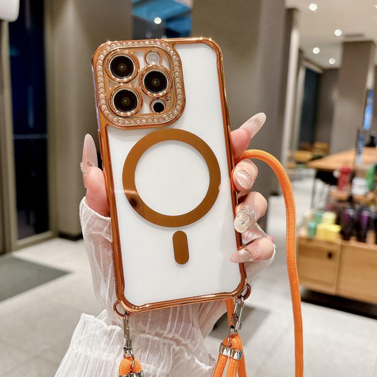 For iPhone 15 Rhinestone Clear Acrylic Electroplated Magnetic Phone Case with Neck Lanyard
