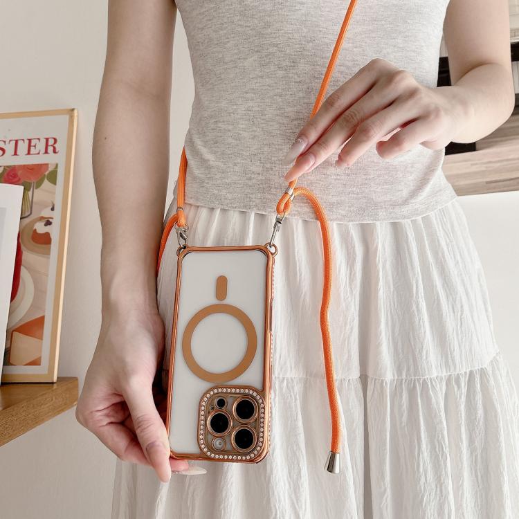 For iPhone 15 Rhinestone Clear Acrylic Electroplated Magnetic Phone Case with Neck Lanyard