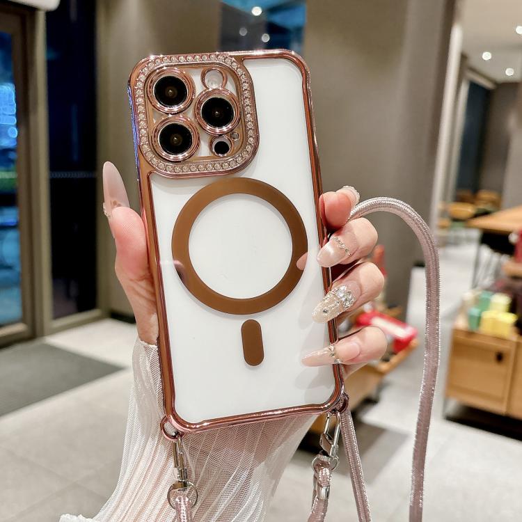 For iPhone 15 Rhinestone Clear Acrylic Electroplated Magnetic Phone Case with Neck Lanyard