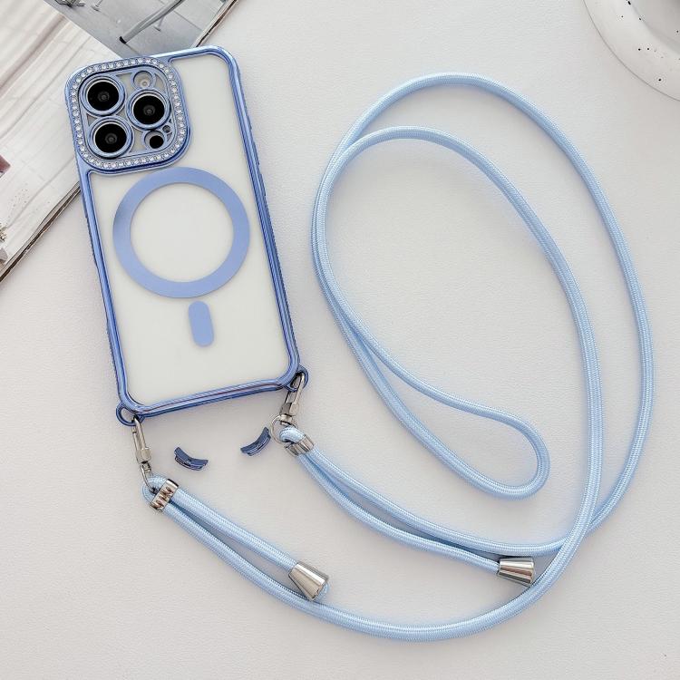 For iPhone 15 Rhinestone Clear Acrylic Electroplated Magnetic Phone Case with Neck Lanyard
