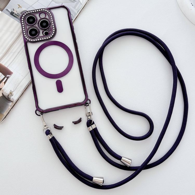 For iPhone 15 Rhinestone Clear Acrylic Electroplated Magnetic Phone Case with Neck Lanyard