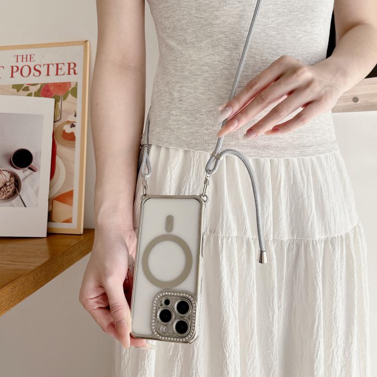 For iPhone 14 Pro Rhinestone Clear Acrylic Electroplated Magnetic Phone Case with Neck Lanyard