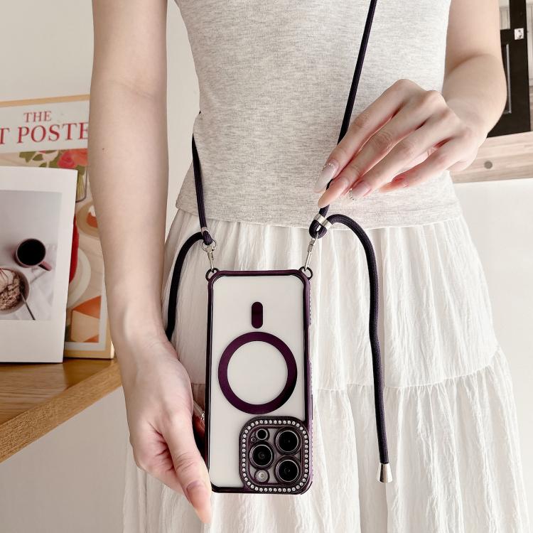 For iPhone 13 Pro Max Rhinestone Clear Acrylic Electroplated Magnetic Phone Case with Neck Lanyard