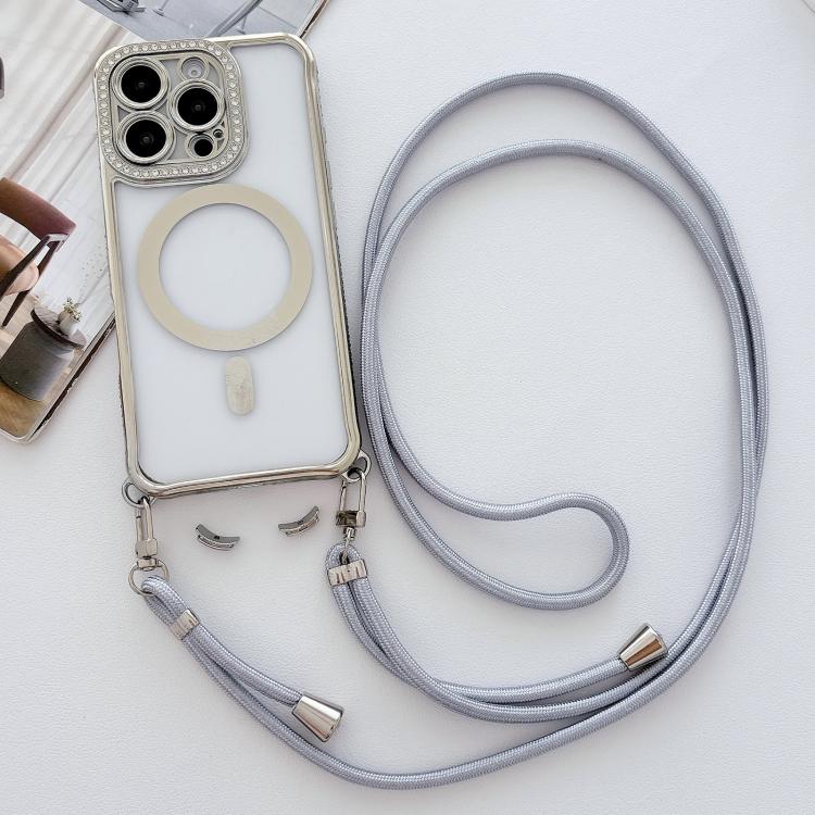 For iPhone 13 Pro Rhinestone Clear Acrylic Electroplated Magnetic Phone Case with Neck Lanyard
