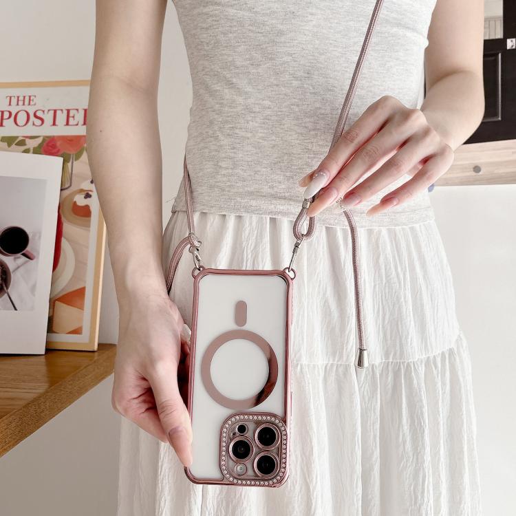 For iPhone 13 Pro Rhinestone Clear Acrylic Electroplated Magnetic Phone Case with Neck Lanyard