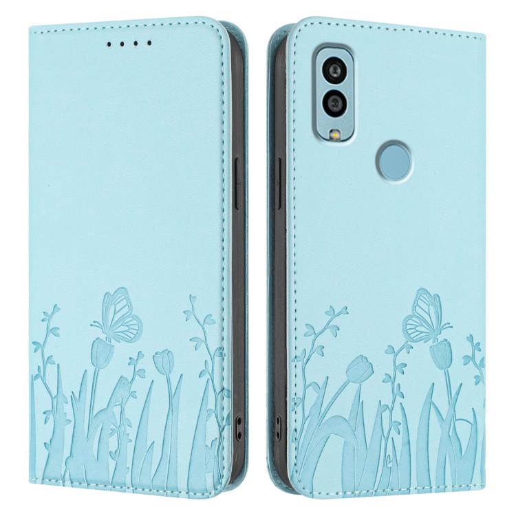 For Kyocera Android One S10 / One S9 Tulips Butterfly Pattern Magnetic Vegan Leather Phone Case