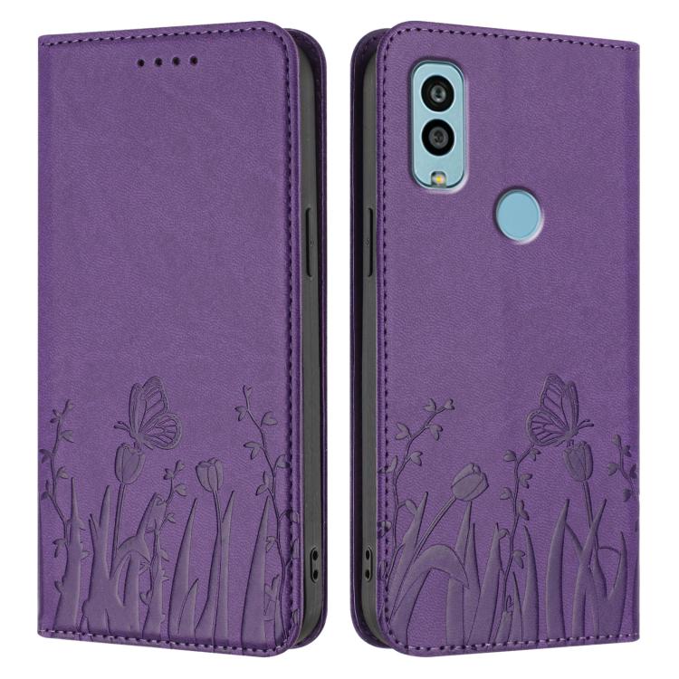 For Kyocera Android One S10 / One S9 Tulips Butterfly Pattern Magnetic Vegan Leather Phone Case