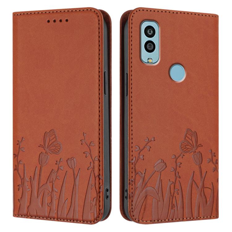 For Kyocera Android One S10 / One S9 Tulips Butterfly Pattern Magnetic Vegan Leather Phone Case