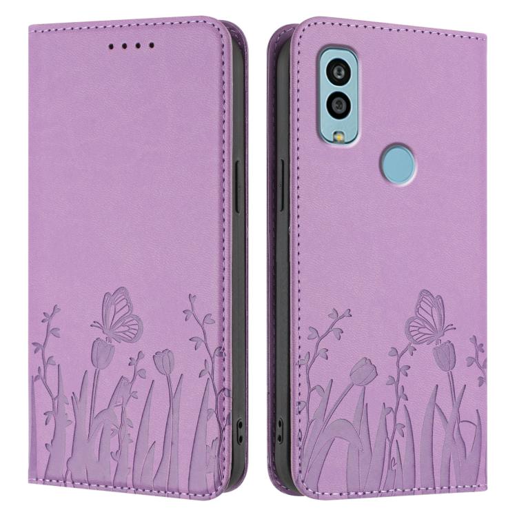 For Kyocera Android One S10 / One S9 Tulips Butterfly Pattern Magnetic Vegan Leather Phone Case