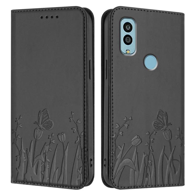 For Kyocera Android One S10 / One S9 Tulips Butterfly Pattern Magnetic Vegan Leather Phone Case