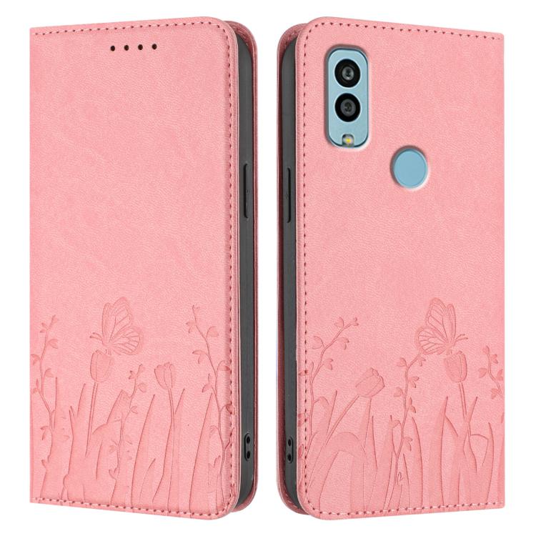For Kyocera Android One S10 / One S9 Tulips Butterfly Pattern Magnetic Vegan Leather Phone Case
