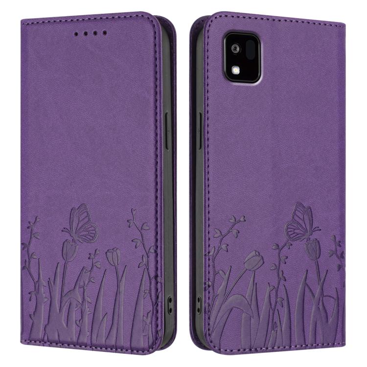 For Kyocera Kantan Sumaho3 A205KC Tulips Butterfly Pattern Magnetic Vegan Leather Phone Case