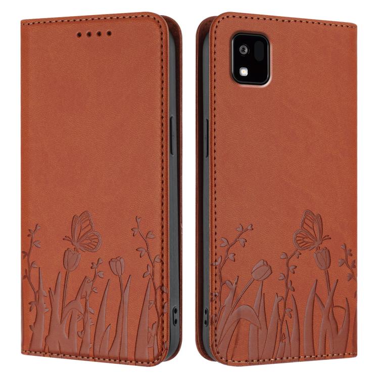 For Kyocera Kantan Sumaho3 A205KC Tulips Butterfly Pattern Magnetic Vegan Leather Phone Case