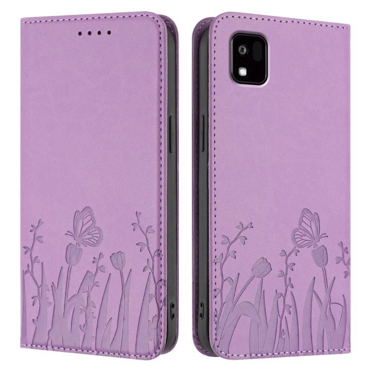 For Kyocera Kantan Sumaho3 A205KC Tulips Butterfly Pattern Magnetic Vegan Leather Phone Case