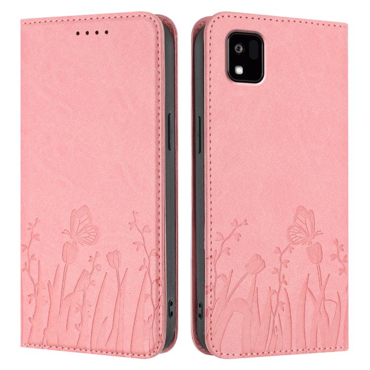 For Kyocera Kantan Sumaho3 A205KC Tulips Butterfly Pattern Magnetic Vegan Leather Phone Case
