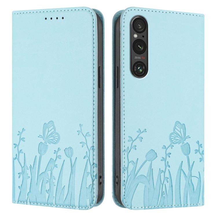 For Sony Xperia 1 V Tulips Butterfly Pattern Magnetic Vegan Leather Phone Case
