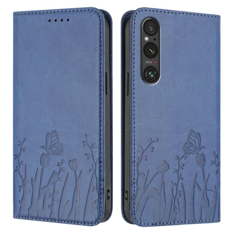 For Sony Xperia 1 V Tulips Butterfly Pattern Magnetic Vegan Leather Phone Case