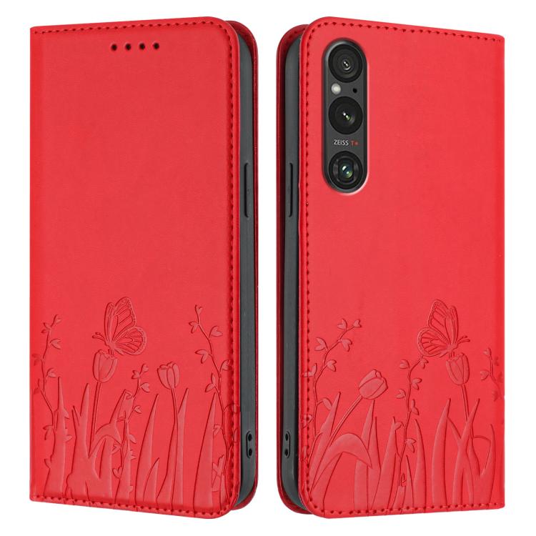 For Sony Xperia 1 V Tulips Butterfly Pattern Magnetic Vegan Leather Phone Case