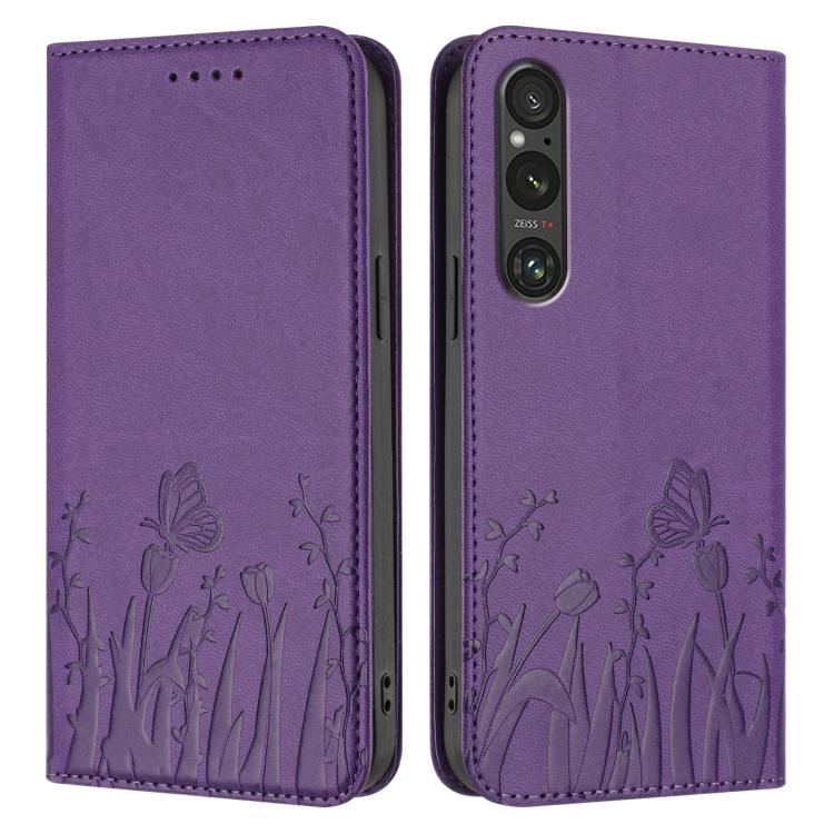 For Sony Xperia 1 V Tulips Butterfly Pattern Magnetic Vegan Leather Phone Case