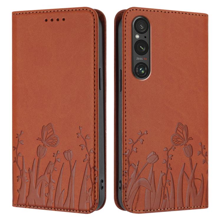 For Sony Xperia 1 V Tulips Butterfly Pattern Magnetic Vegan Leather Phone Case