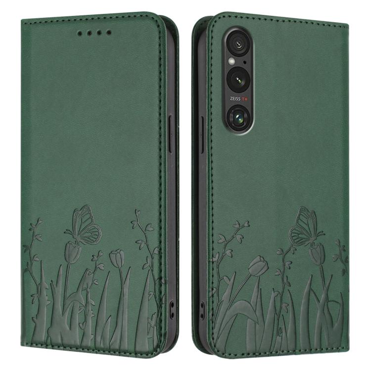For Sony Xperia 1 V Tulips Butterfly Pattern Magnetic Vegan Leather Phone Case
