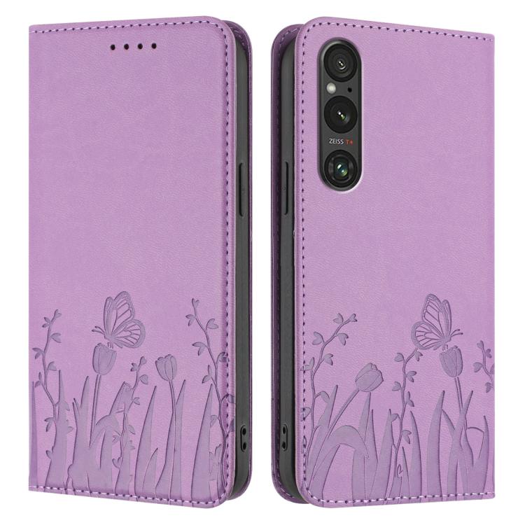 For Sony Xperia 1 V Tulips Butterfly Pattern Magnetic Vegan Leather Phone Case