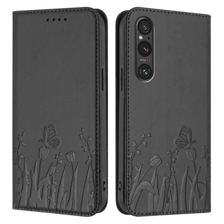 For Sony Xperia 1 V Tulips Butterfly Pattern Magnetic Vegan Leather Phone Case