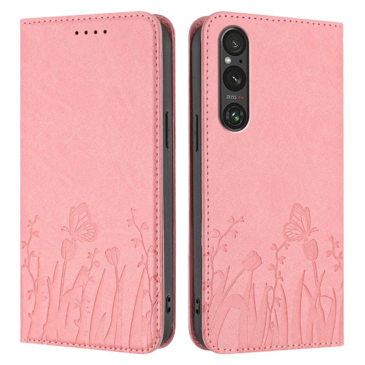 For Sony Xperia 1 V Tulips Butterfly Pattern Magnetic Vegan Leather Phone Case