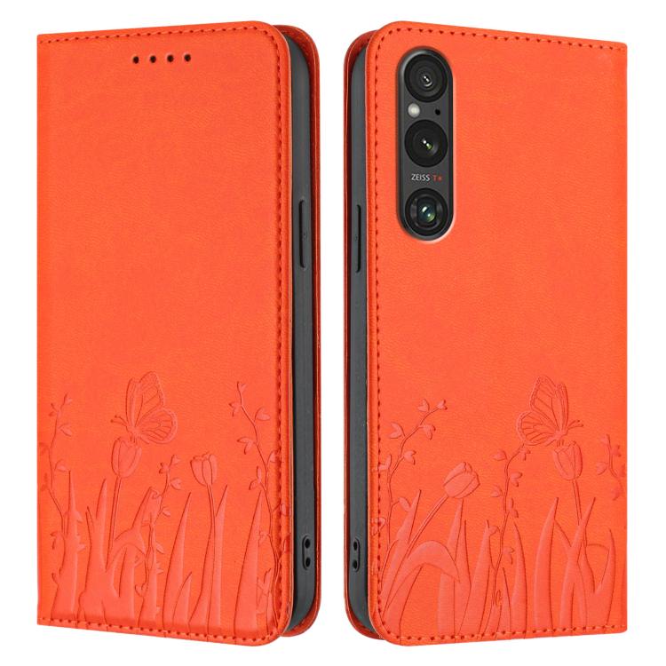 For Sony Xperia 1 V Tulips Butterfly Pattern Magnetic Vegan Leather Phone Case
