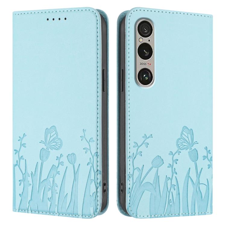 For Sony Xperia 1 VI Tulips Butterfly Pattern Magnetic Vegan Leather Phone Case