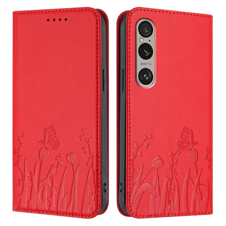 For Sony Xperia 1 VI Tulips Butterfly Pattern Magnetic Vegan Leather Phone Case