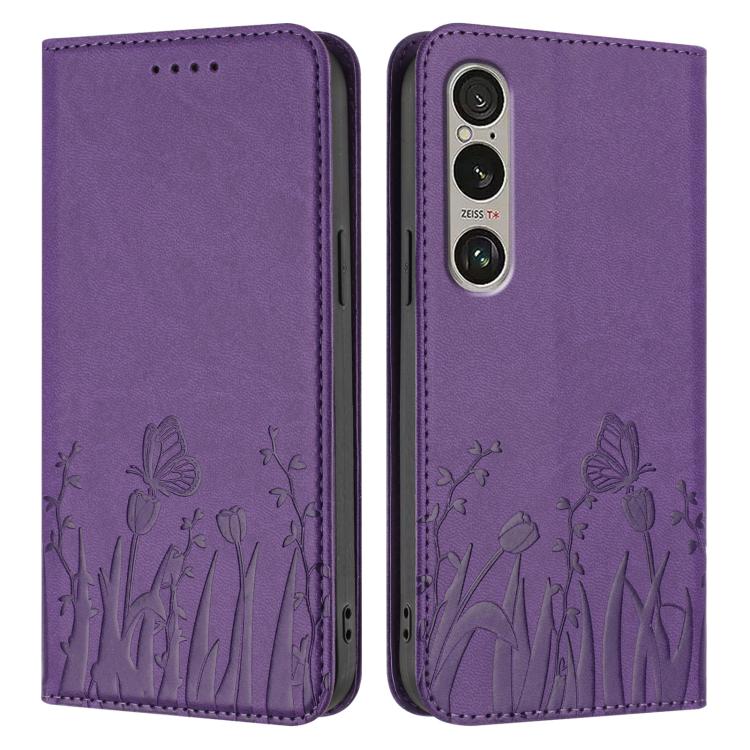 For Sony Xperia 1 VI Tulips Butterfly Pattern Magnetic Vegan Leather Phone Case