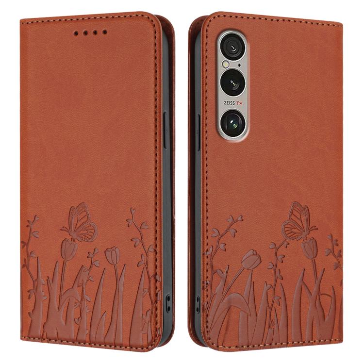 For Sony Xperia 1 VI Tulips Butterfly Pattern Magnetic Vegan Leather Phone Case