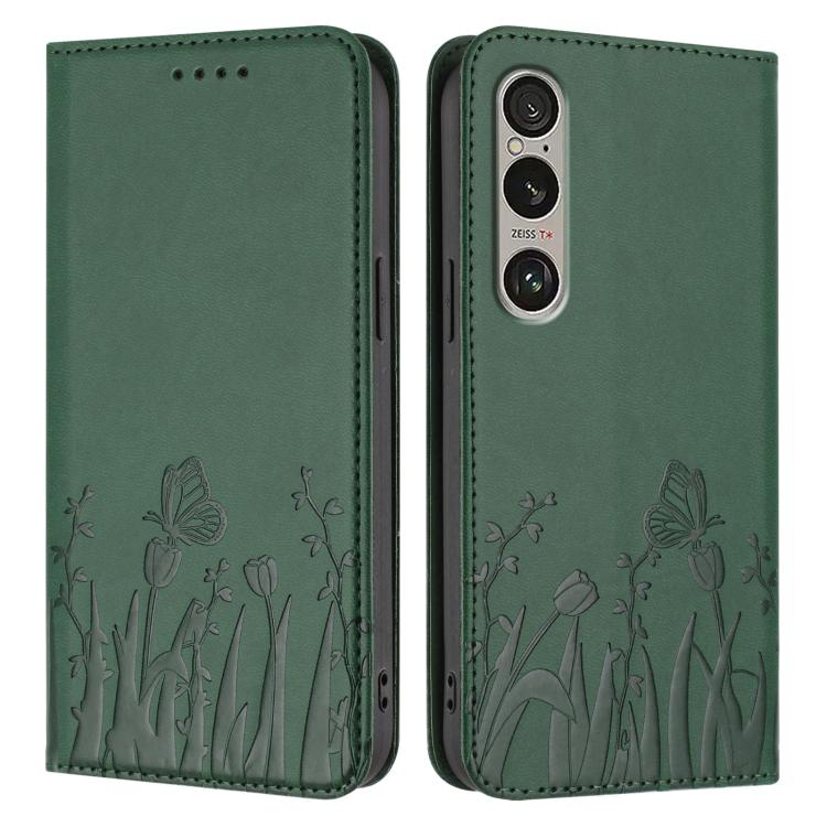 For Sony Xperia 1 VI Tulips Butterfly Pattern Magnetic Vegan Leather Phone Case