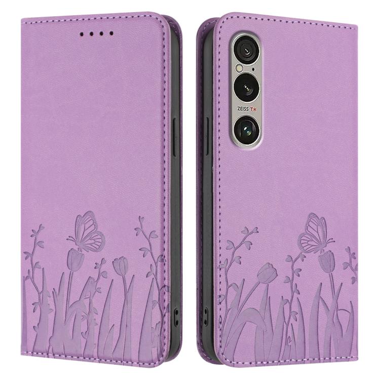 For Sony Xperia 1 VI Tulips Butterfly Pattern Magnetic Vegan Leather Phone Case