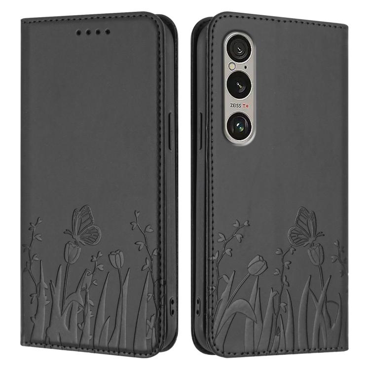 For Sony Xperia 1 VI Tulips Butterfly Pattern Magnetic Vegan Leather Phone Case