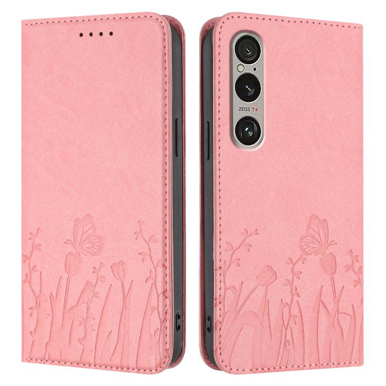 For Sony Xperia 1 VI Tulips Butterfly Pattern Magnetic Vegan Leather Phone Case