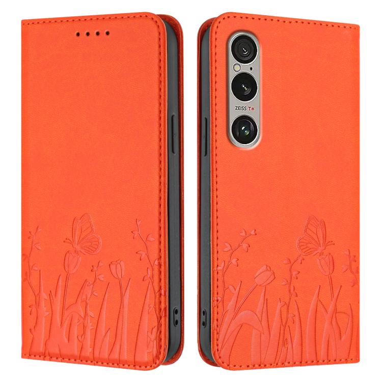 For Sony Xperia 1 VI Tulips Butterfly Pattern Magnetic Vegan Leather Phone Case
