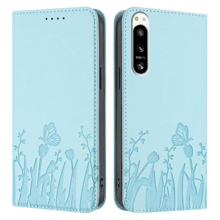 For Sony Xperia 5 IV Tulips Butterfly Pattern Magnetic Vegan Leather Phone Case