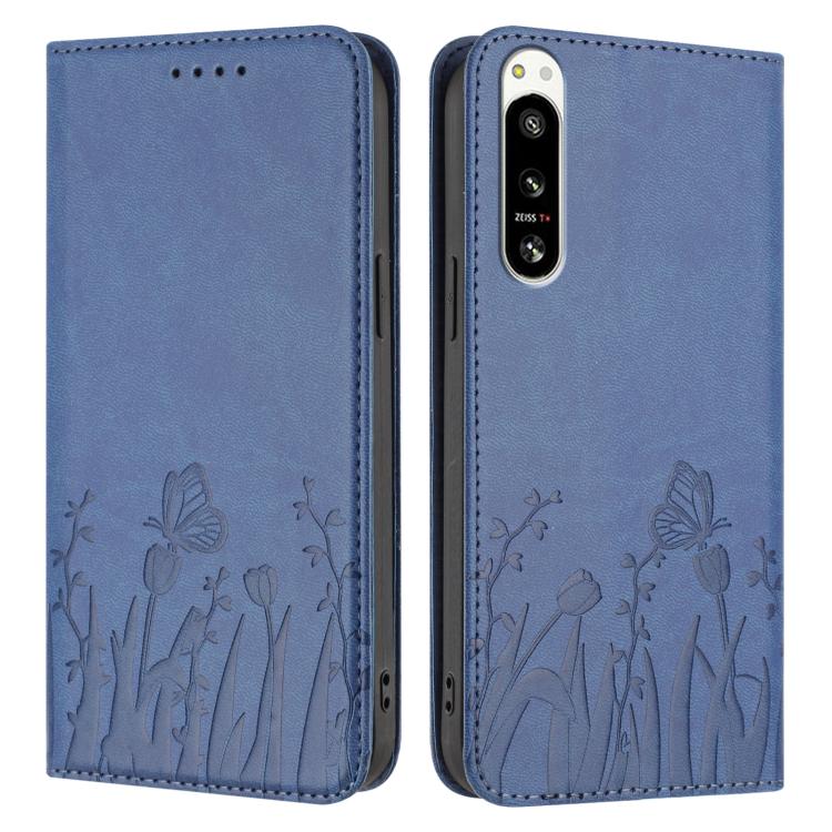 For Sony Xperia 5 IV Tulips Butterfly Pattern Magnetic Vegan Leather Phone Case