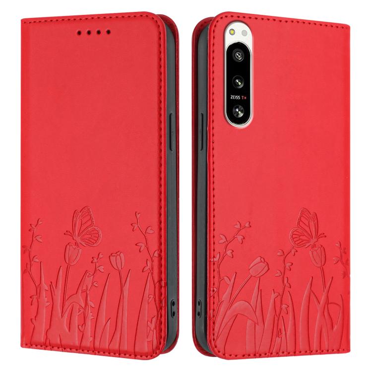 For Sony Xperia 5 IV Tulips Butterfly Pattern Magnetic Vegan Leather Phone Case