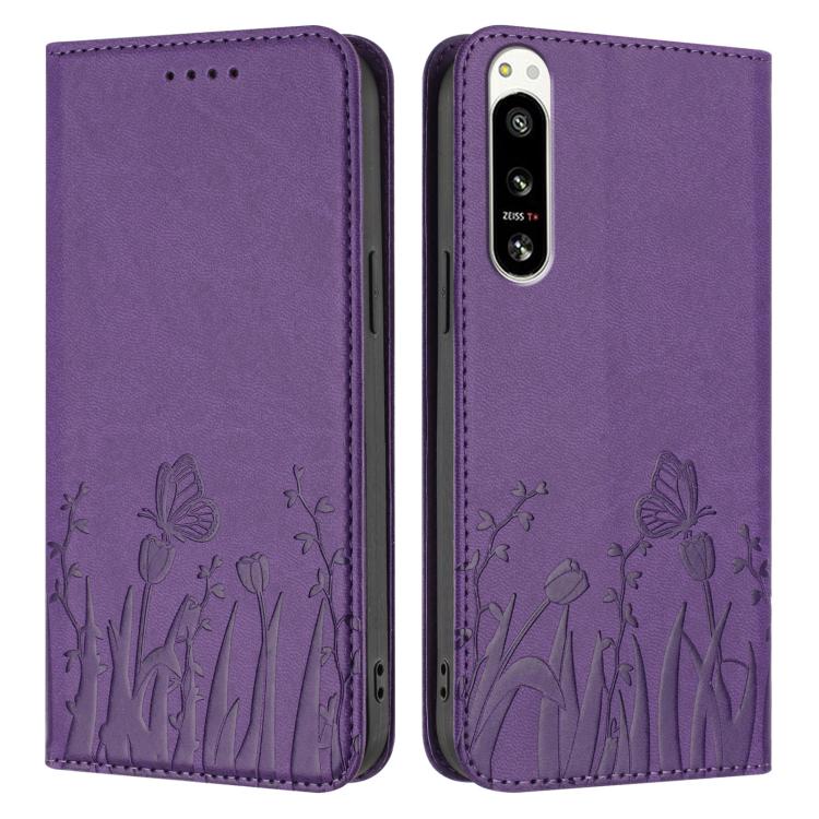 For Sony Xperia 5 IV Tulips Butterfly Pattern Magnetic Vegan Leather Phone Case